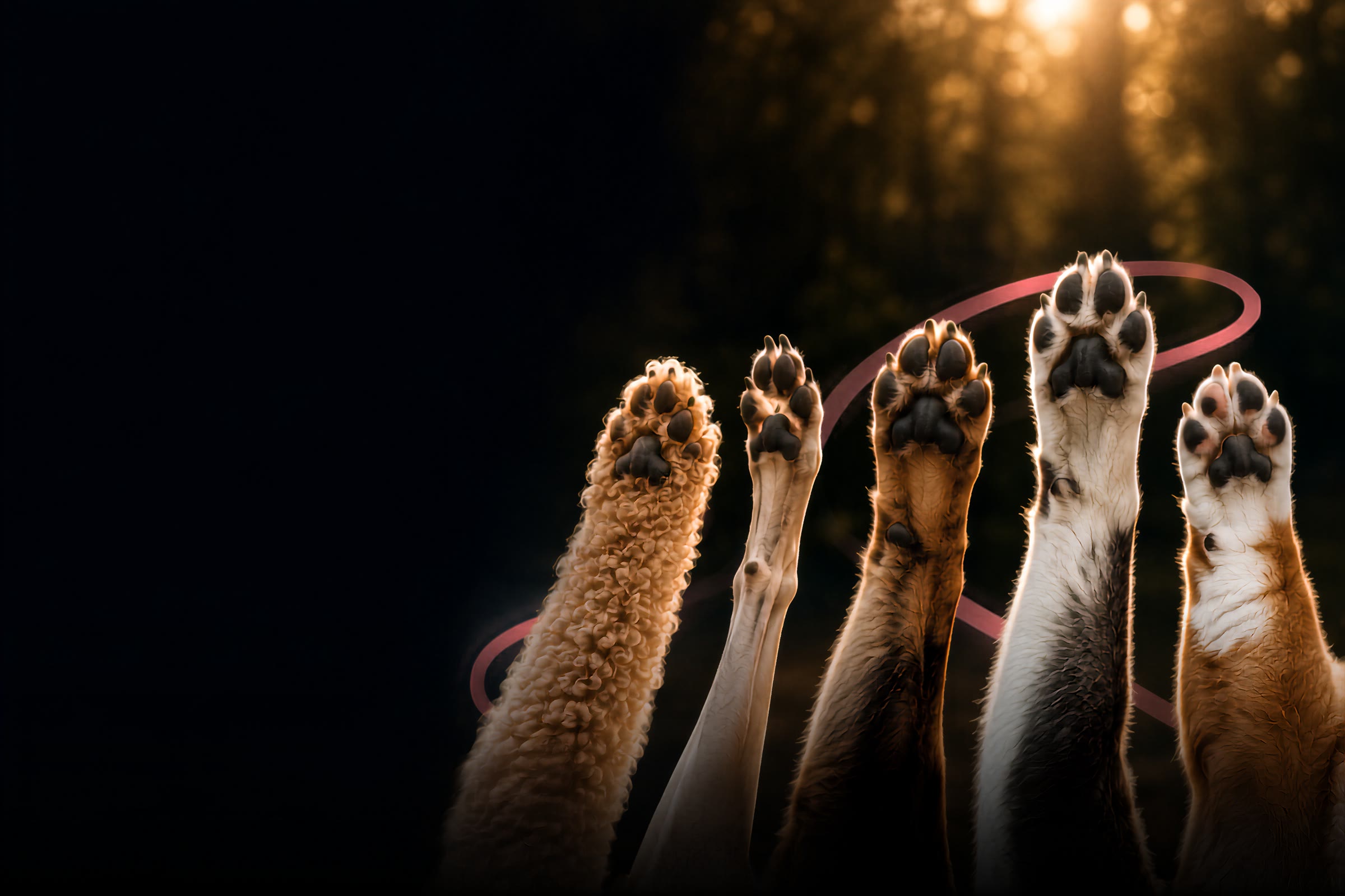 Five dogs' paws raised together toward a golden, backlit forest, encircled by a coral ring.